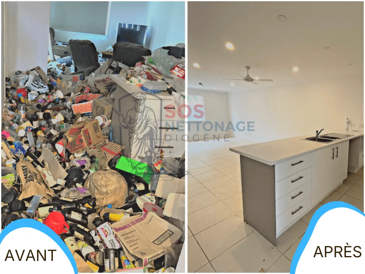 Avant et après remise en état d'un logement en accumulation extrême à Montpellier